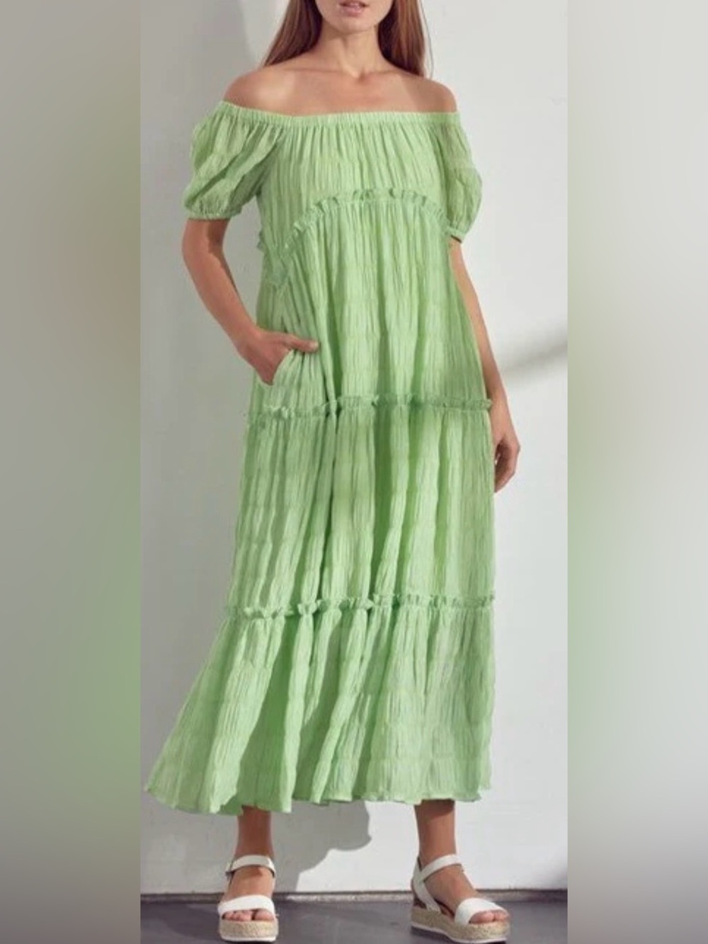 Impressions Light Green Tiered Crinkle Maxi Dress